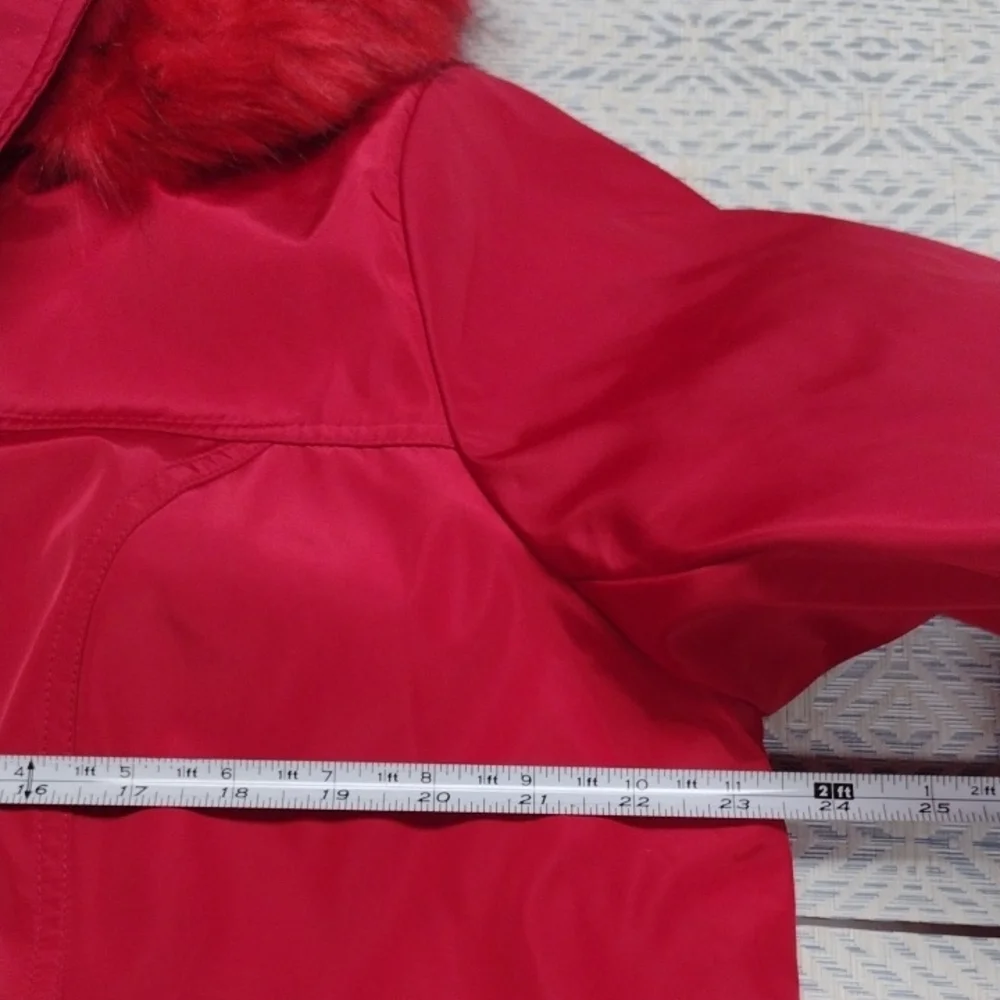 Dennis Basso Red Hooded Puffer Coat with Fur Trim - Picture 9 of 16